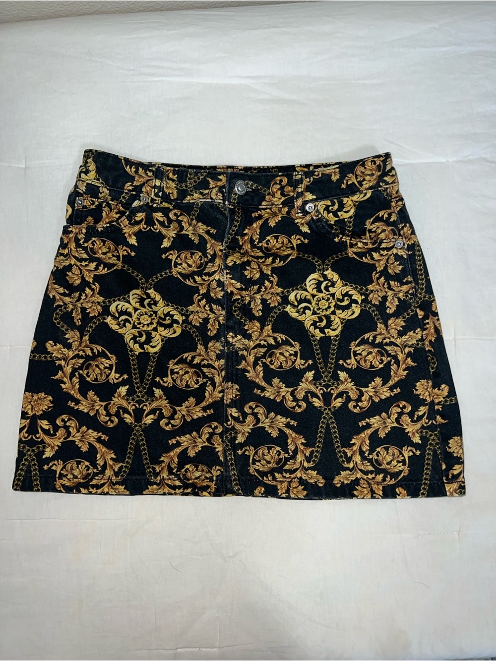 Topshop Black and Gold Batoque Mini Skirt with Gold Baroque Pattern